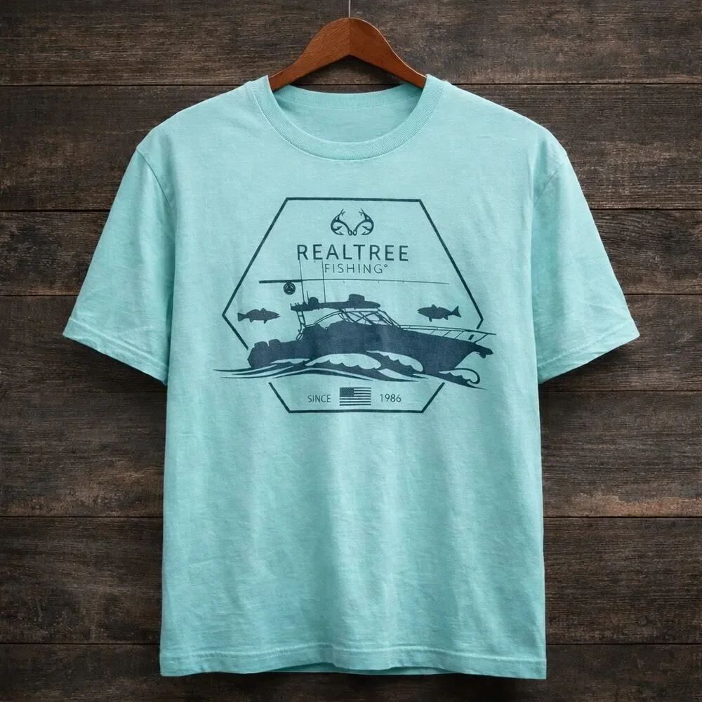 Realtree Fishing Men’s Short Sleeve Blue Crewneck T-Shirt Shirt Large L